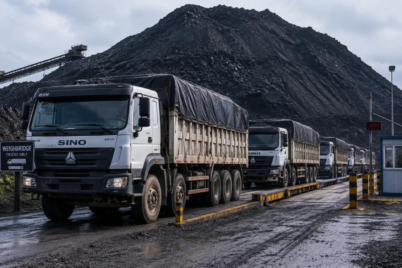 Coal transport trucks lined up at a mining weighbridge